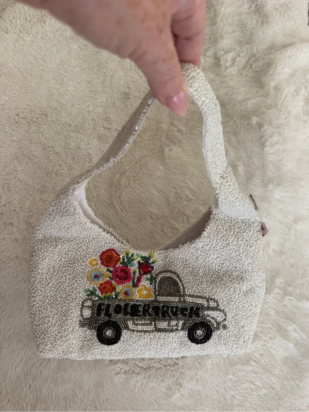 NWT White Beaded Shoulder Bag with Floral Truck Motif Viral Tik Tok